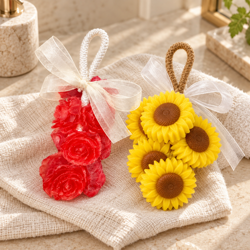 Duo Fleuri Atelier Mousse : savon Roses rouge et savon Tournesols jaune, réunis sur un linge clair.