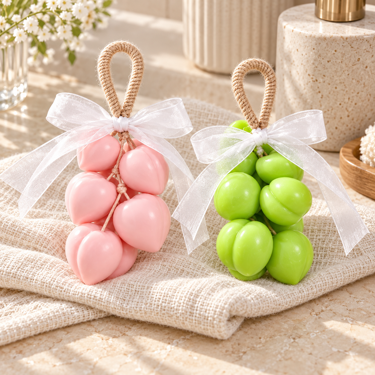 Duo Pêches Atelier Mousse : un savon rose et un savon vert sur corde, réunis sur un linge clair.